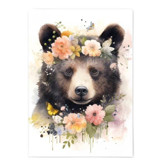 Watercolor Floral Black Bear Portrait Wall Art Illustration Print Unframed - Picture 2 of 5